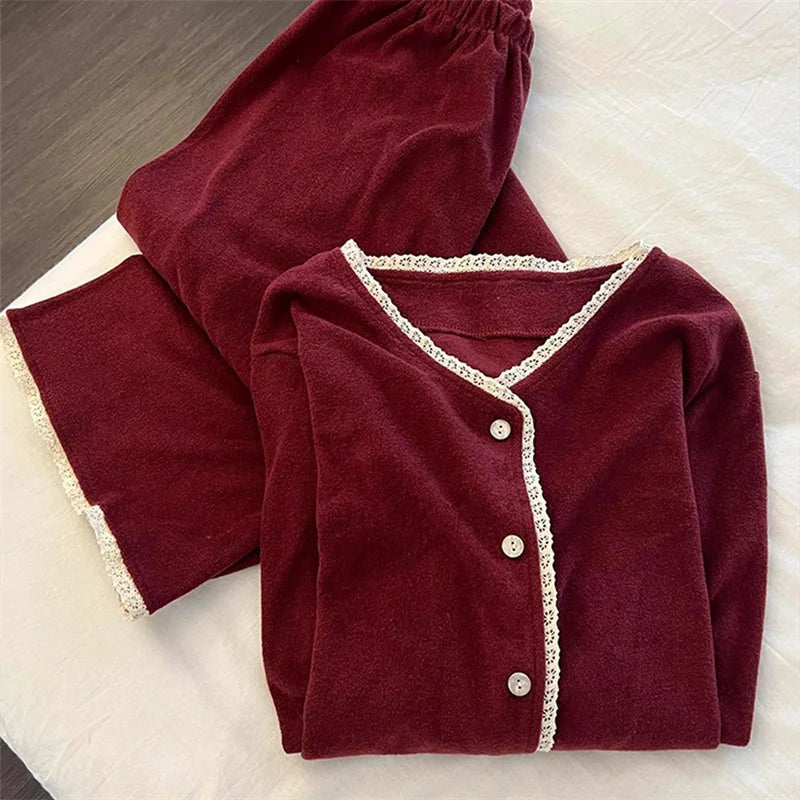 Red Women's Pajamas With Pants Set New Thicken Warm Autumn Winter Woman Clothes Velvet Casual Long Sleeve Sleepwear Home Clothes