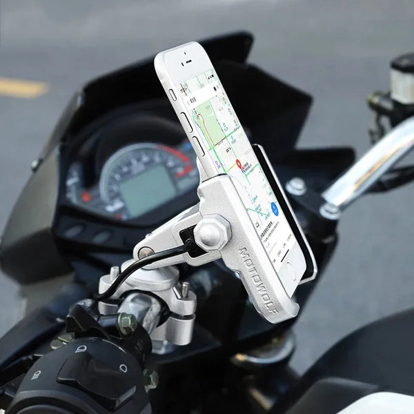 ជើងទ្រទូរស័ព្ទ Motowolf សម្រាប់ម៉ូតូ កង់ ម៉ូតូ បង្វិលបាន 360 ដឺក្រេ អាចដាក់ទូរស័ព្ទបានគ្រប់ម៉ូដែល មានរន្ធ USB អាលុយមីញ៉ូម