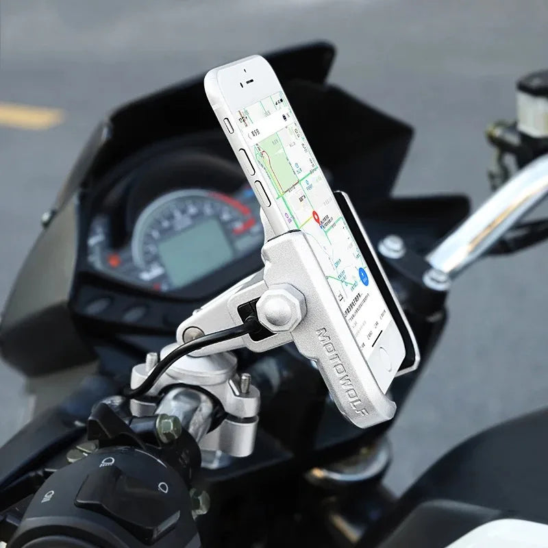 ជើងទ្រទូរស័ព្ទ Motowolf សម្រាប់ម៉ូតូ កង់ ម៉ូតូ បង្វិលបាន 360 ដឺក្រេ អាចដាក់ទូរស័ព្ទបានគ្រប់ម៉ូដែល មានរន្ធ USB អាលុយមីញ៉ូម