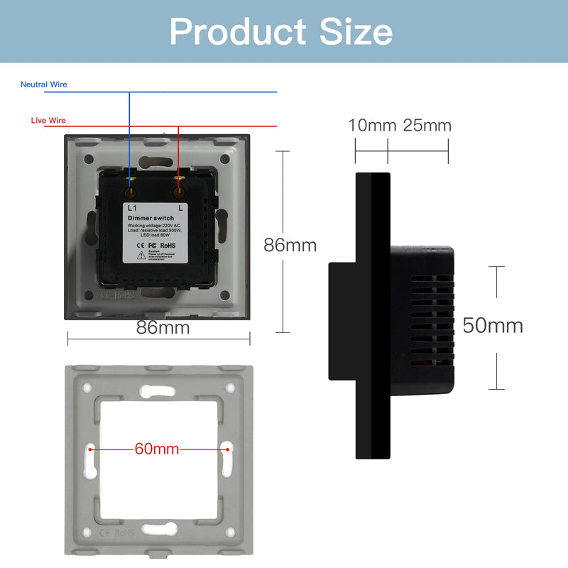 BSEED Rotary Switch LED Dimmer Light Switch With 1/2/3Gang Button Light Switch EU Wall Power Socket PC Plastic Frame