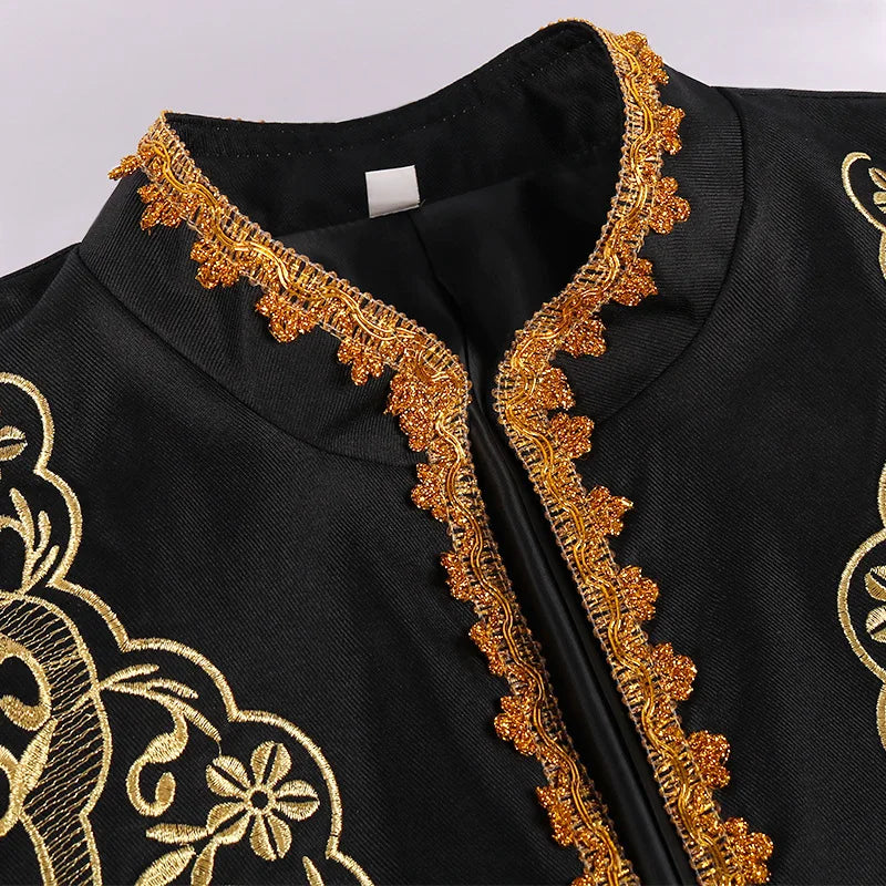 Vintage-style Men's Black Long-sleeve Stand-up Collar Jacket with Gold Embroidery, Perfect for Weddings, Parties, and Cosplay.
