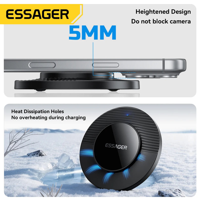 ឆ្នាំងសាកឥតខ្សែ Essager 15W ម៉ាញេទិក បន្ទះសាកថ្មលឿន សម្រាប់ iPhone 17 16 15 Pro កាសស្តាប់ត្រចៀក Huawei Samsung Xiaomi ទូរស័ព្ទ Android