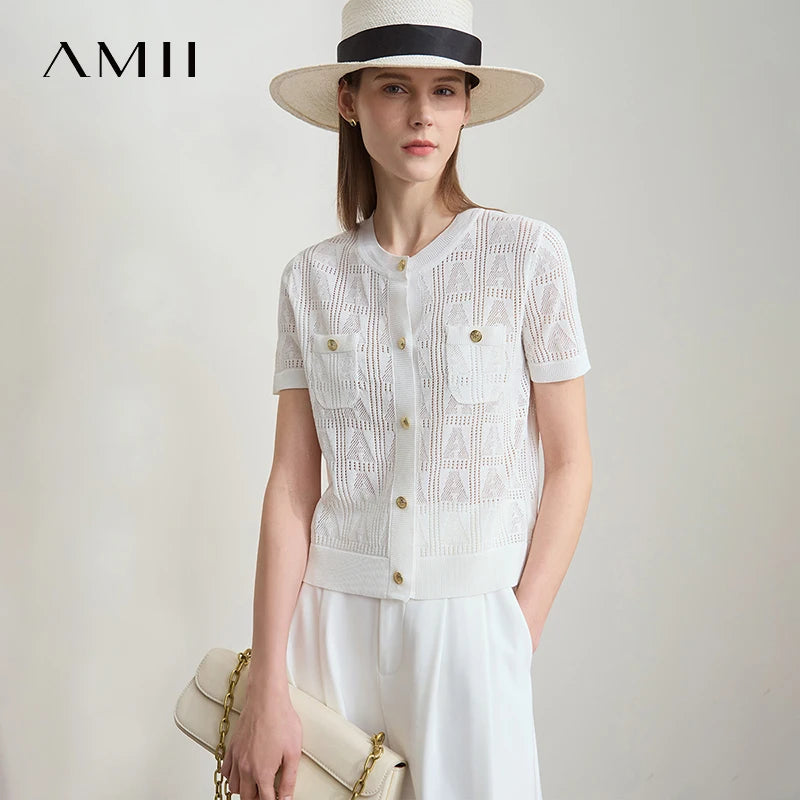 អាវយឺតរដូវក្តៅ AMII Minimalist សម្រាប់នារី ថ្មីឆ្នាំ ២០២៥ ដៃខ្លី កមូល អាវកាឌីហ្គែន ប៉ាក់សម្រាប់នារីទាន់សម័យសម្រាប់ការិយាល័យ 12522115