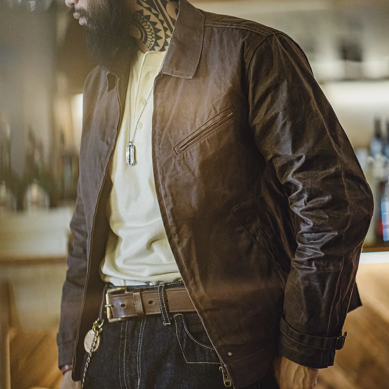 អាវក្រៅ Maden បុរស Vintage IV Oil Waxed Canvas Jacket Lapel Zipper Short Outerwear Classic Slim Fit for Men's Spring and Fall Jacket