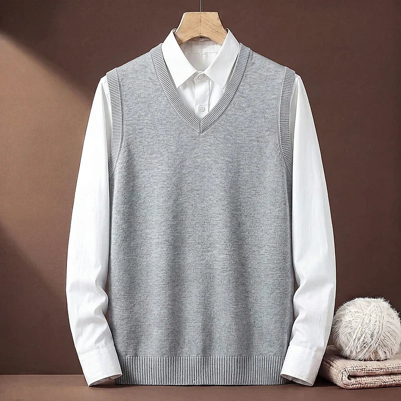 V Neck Sleeveless Plain Knit Vest For Men Soft Handfeel Knitwear Business Formal Sweater Tank Top Autumn Layering Clothes
