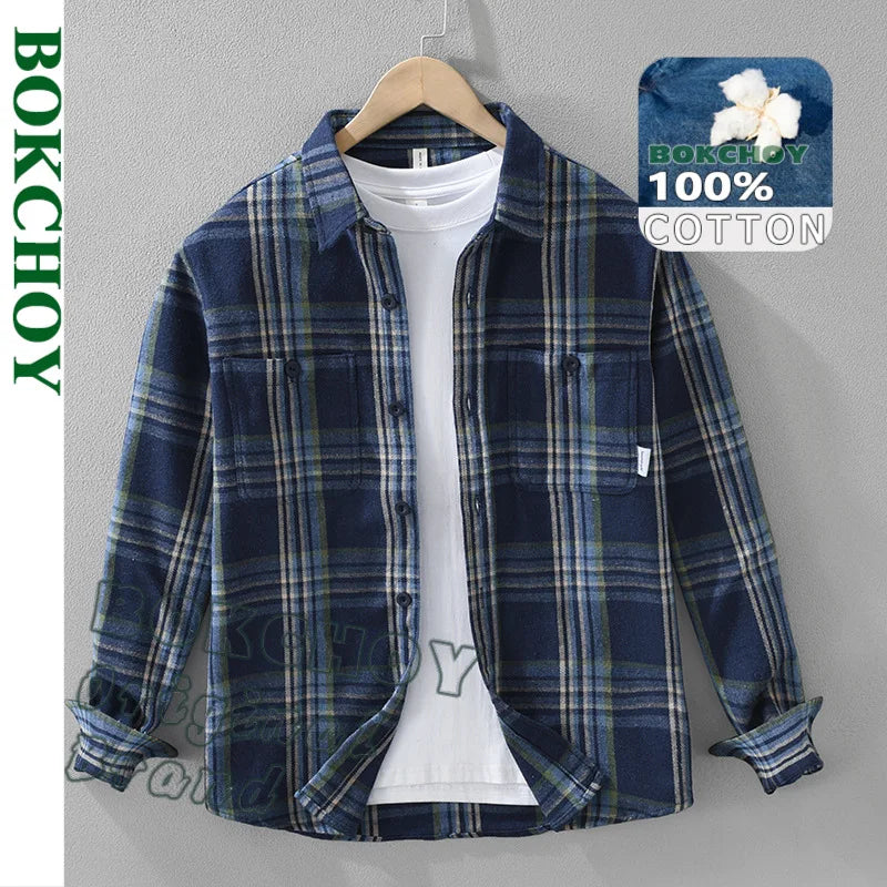 Spring New Vintage Plaid 100% Cotton Long Sleeve Shirt for Men Simple Classic Daily Shirts CM7606