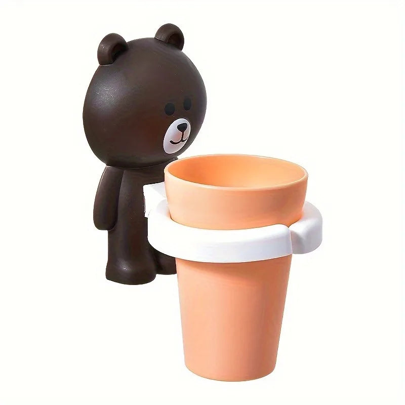 1pc Adorable Bear Wall-Mounted Toothbrush Holder with Gargle Cup,No Drill,Space-Saving,Bathroom Organizer.Tooth cup holder.