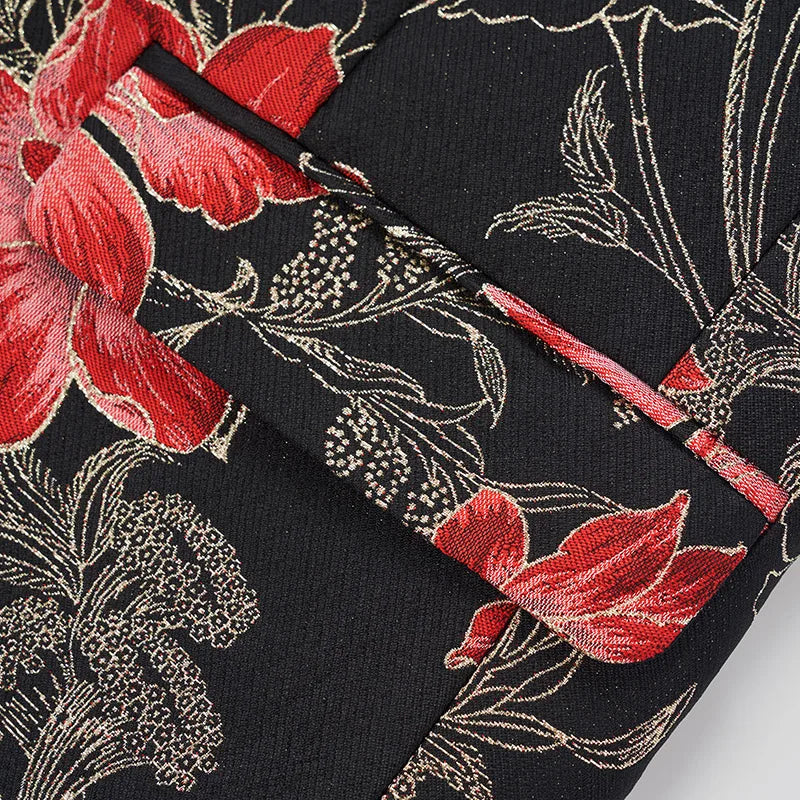 2026 Men's Two-Piece Set, Wedding Party Jacket and Trousers in Black with Red Flowers Jacquard Fabric Slim Fit Men Coat & Pants.