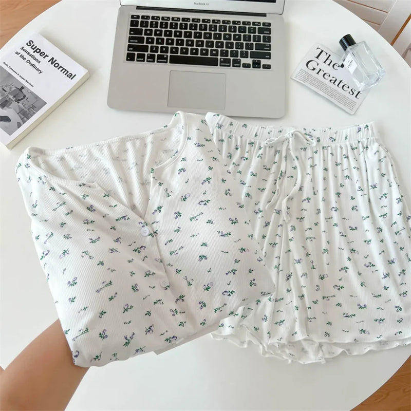 Floral Thin Nightwear 2 Pieces Set for Woman Pajamas Chest Pads Women’s Loungewear Summer Suit Short Sleeve Sleepwear Pyjamas