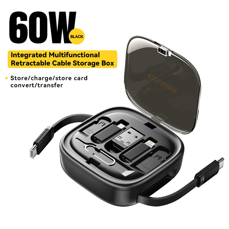 ខ្សែសាកទិន្នន័យ Essager PD 60W ពហុមុខងារ USB ប្រភេទ C សាកលឿនសម្រាប់ iPhone16 15 Xiaomi ឆ្នាំងសាកប្រអប់ផ្ទុក Pin Travel Box