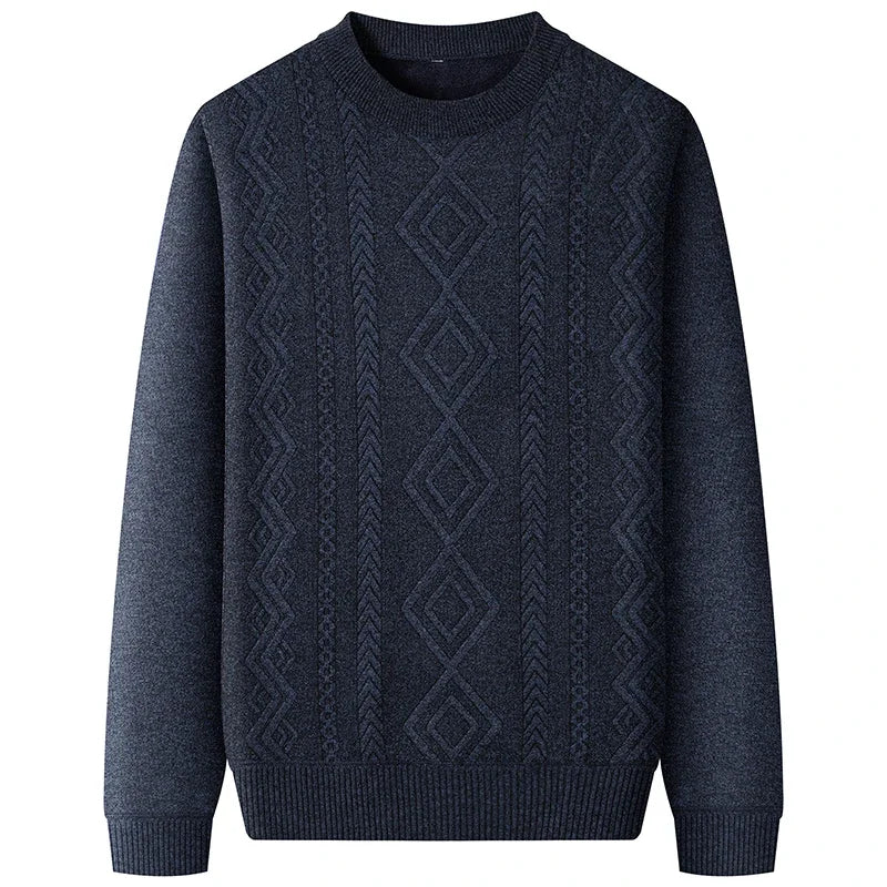 Thick Thermal Crew Neck Pullover Men Vertical Geometric Diamond Pattern Soft Fleece Lining Weekend Outing Knitwear