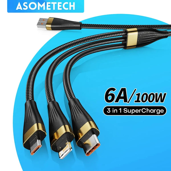 ខ្សែសាកលឿន 3 ក្នុង 1 USB Type C Micro Portable 6A 100W ខ្សែសាក USB ច្រើនសម្រាប់ iPhone14 13 Pro Samsung Xiaomi Huawei