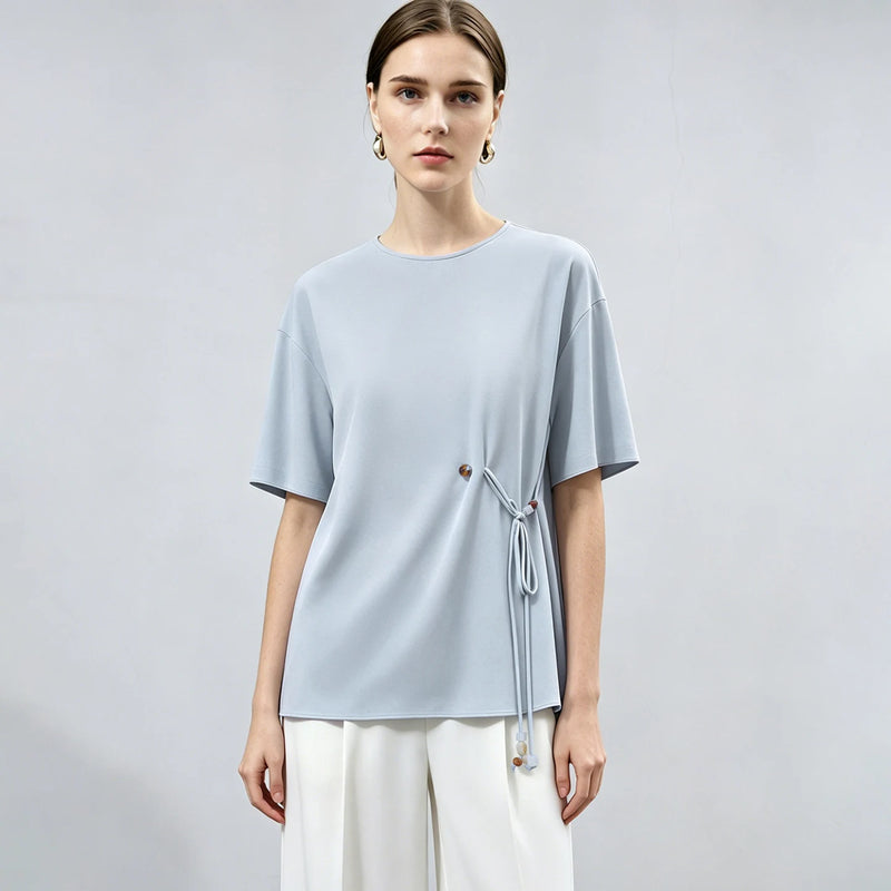 Amii Women's Blouse 2026 Summer New Round Neck Drop Shoulder Tie Detail Chiffon Top Loose Fit Casual Shirt For Women 12642192