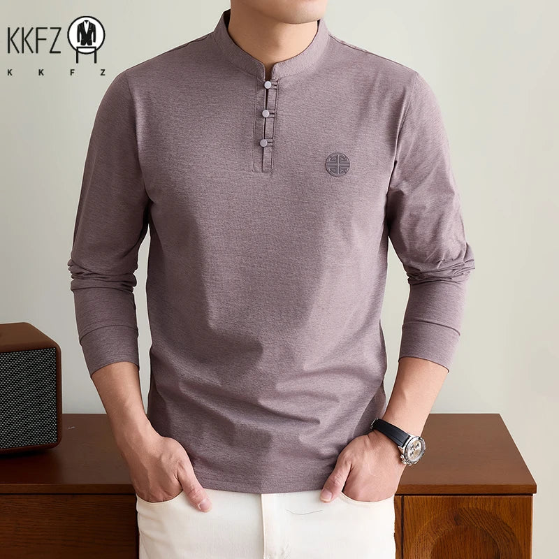 Mens Spring Autumn Henley T Shirt Long Sleeve Mandarin Collar Embossed Logo Breathable Comfort Casual Outfit