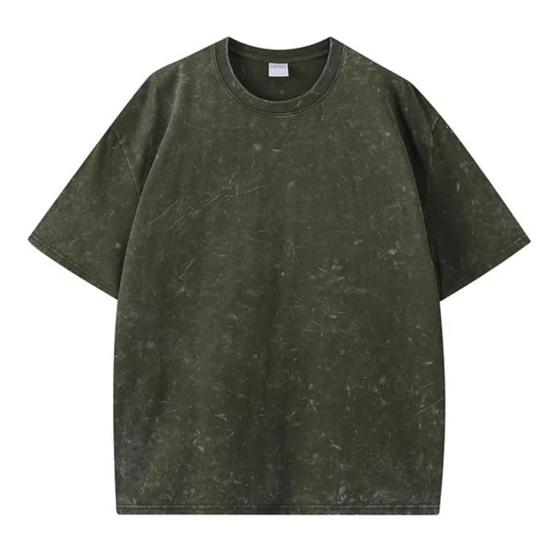 American Style Retro Washed Snowflake Short Sleeve round Neck T-Shirt Large Size Bleach Stain  Heavyweight Summer Top