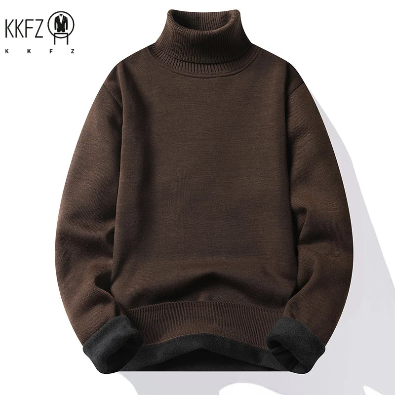 Male Long Sleeve Turtleneck Knit Top Thick Fleece Lining Warm Thermal Pullover Loose Fit Daily Casual Basic Clothes