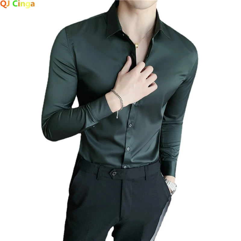 2026 New Men's Dark Green Slim-Fit Long Sleeve Shirt, Fashion Casual Business Top for Man in Black/White