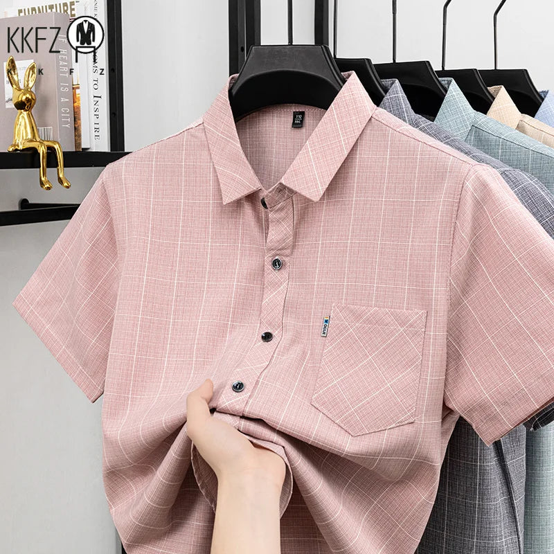 Mens Regular Fit Plaid Pattern Short Sleeve Shirt Turn Down Collar Tops For Men Daily Office And Work