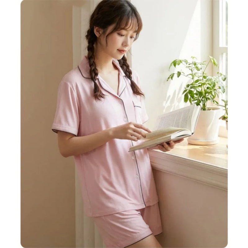 Modal Women's Pajamas Summer New Short-Sleeved Lapel Collar Tops Loungewear Comfortable 2 Pcs Sleepwear Pijama Homewear Set