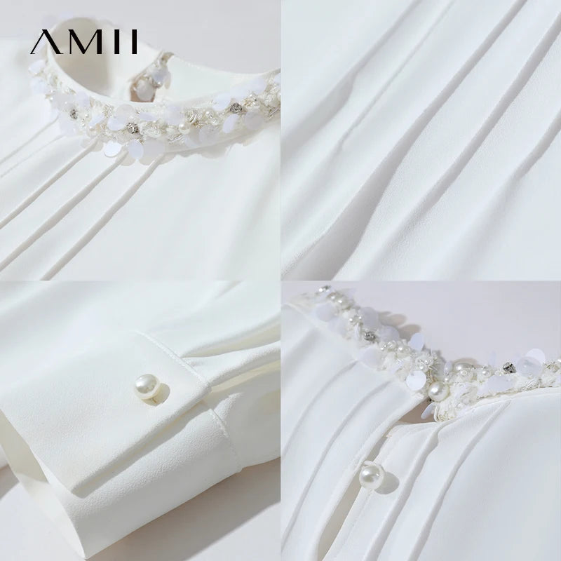 អាវស្រី AMII ពណ៌ស រចនាប័ទ្មតិចតួចបំផុត រដូវស្លឹកឈើជ្រុះ ឆ្នាំ២០២៥ អាវស្រីបែបបារាំង កអាវរលុង ឆើតឆាយ អាវក្រណាត់ chiffon សម្រាប់នារីការិយាល័យ 12523053