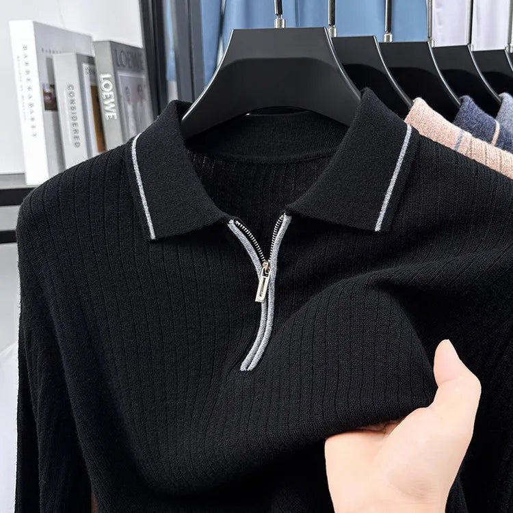 100% Cashmere Wool Sweater, Semi-Zip Placket Ribbed Texture, Soft Non-Irritating, 7 Colors M-4XL Business Casual