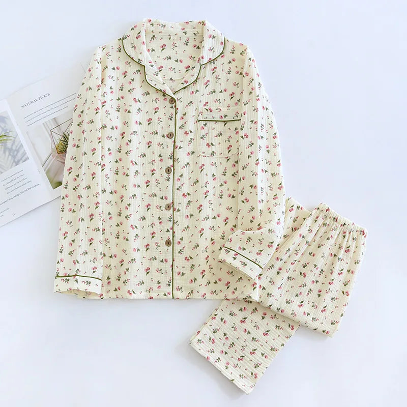 2026 Spring and Autumn Women's Pajama Set 100% Cotton Crepe Long sleeved Pants Two piece Cute and Sweet Ladies Home Fury Set