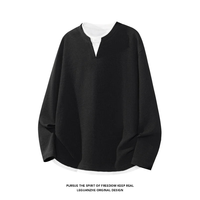 Men's Waffle Knit Fake Two���Piece Long Sleeve T���Shirt Notch V���Neck Drop���Shoulder Loose Fit Casual Layered Look Tops
