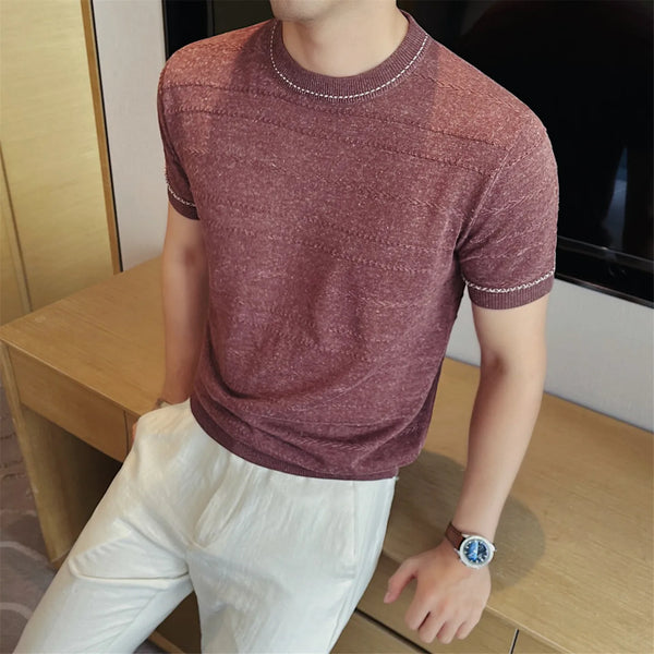Men Two-Tone Linen Blend Knit T-Shirt – Summer Breathable Textured Short Sleeve Tee with Crew Neck  Casual & Smart Casual Wear