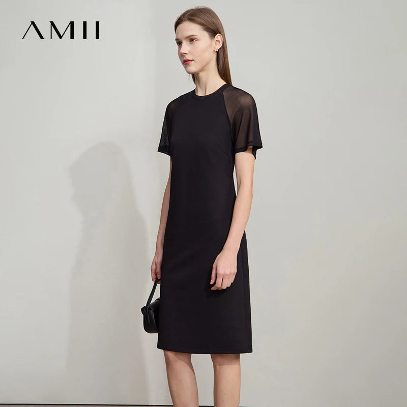 AMII Casual Slim Dress 2026 Summer Office Lady Elegant O Neck See Through Shoulder Sleeve Stretch Knitted Black Dresses 12542079