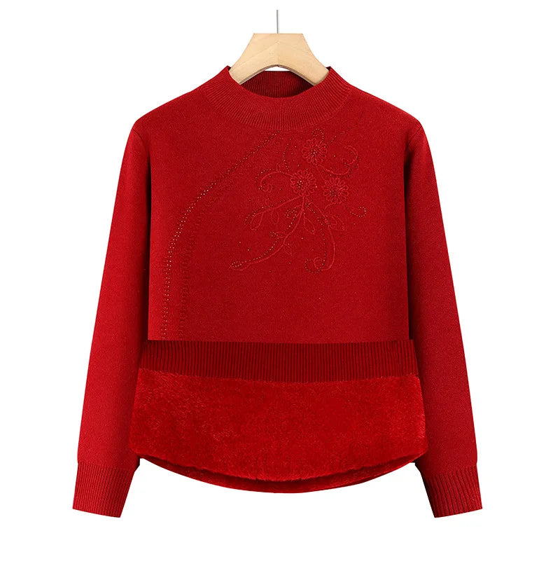 Half Turtleneck Warm Women's Sweater Hot Fleece Velvet Winter Clothes Woman Pullovers Middle Aged Mother Knitwear Basic Jumper