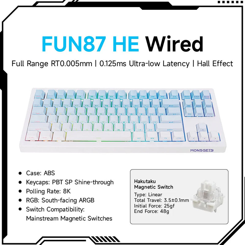 Akko x Monsgeek FUN87 HE Magnetic Keyboard 88 Keys 80% TKL Layout ARGB RT0.005mm 8K USB Wired Custom Gaming Mechanical Keyboard