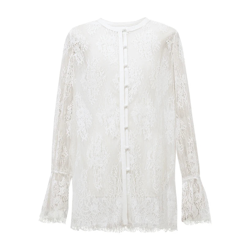 Amii Lace Women's Blouse 2026 Autumn Crew Neck Sheer Long Sleeve Tops For Woman Lightweight Breathable Vacation Shirt 12643002