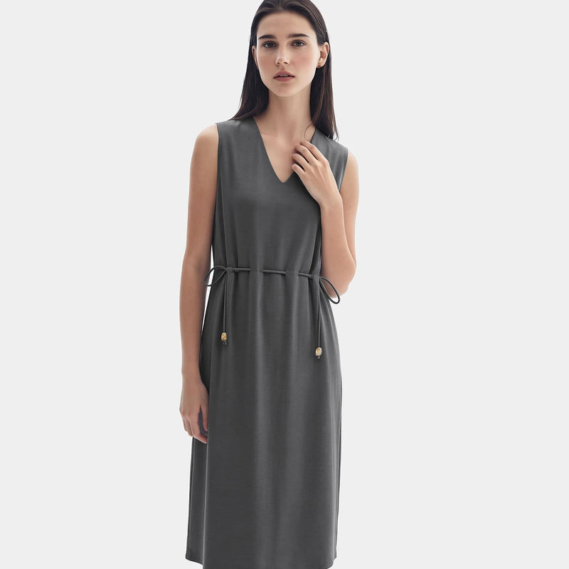 Amii V Neck Women's Dress 2026 Summer New Sleeveless Loose Drawstring Simple Office Casual A-Line Midi Dress For Women 12642155