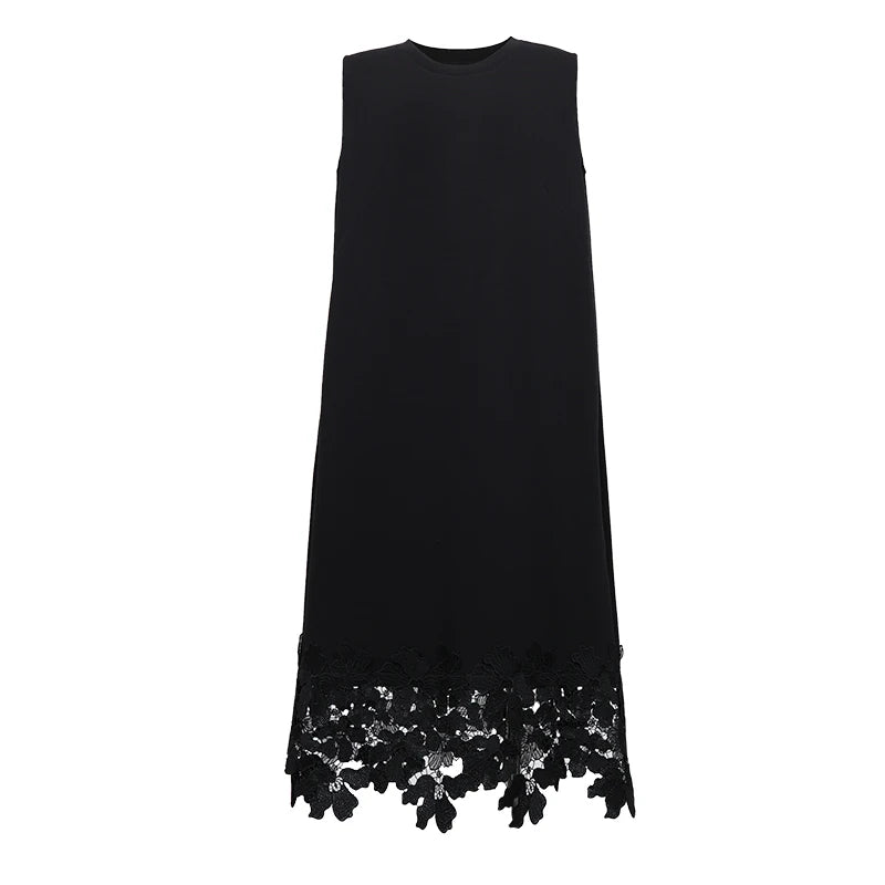 Amii Women's Dress 2026 Summer New Round Neck Patchwork Lace Trim Cotton Elegant Office Casual Midi Dress for Women 12652020