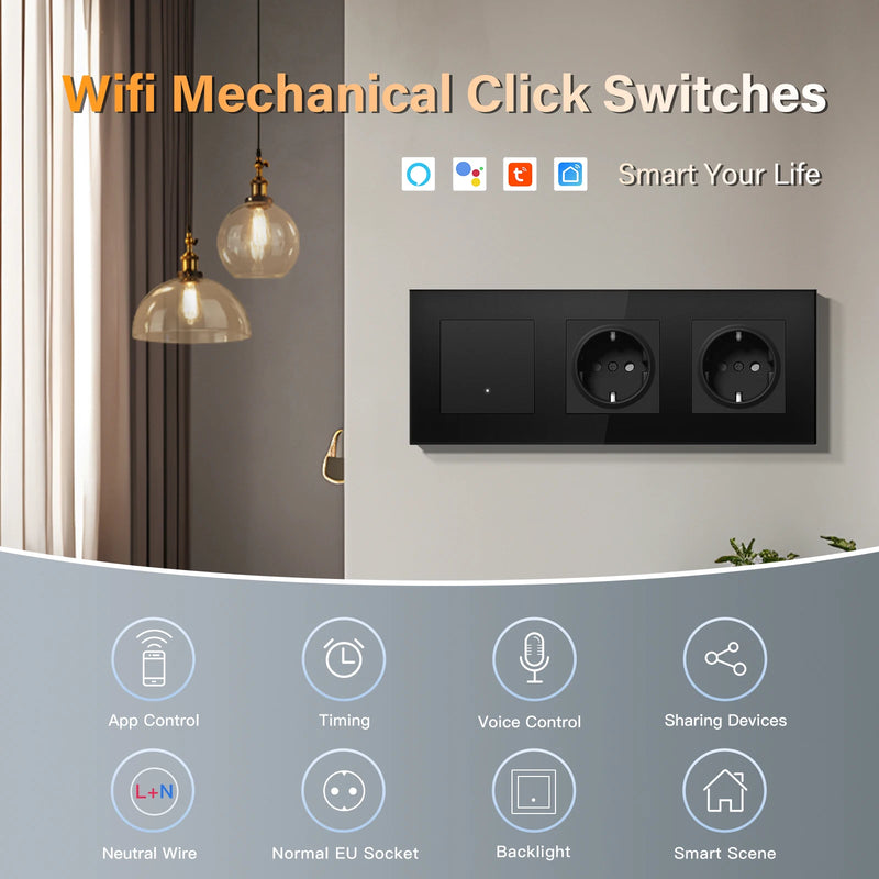 BSEED 1/2/3/4Gang 2Way WIFI Click Button Switch Double EU Socket Glass Panel LED Indicator Tuya Smart Life Alexa Voice Control
