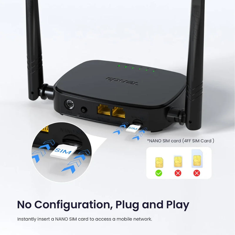 រ៉ោតទ័រ Tenda 4G SIM 4G03 Pro - រ៉ោតទ័រវ៉ាយហ្វាយចល័ត 3G/4G ប្រេកង់ឥតខ្សែ 2.4 GHz, LTE Cat4, រន្ធ LAN/WAN Ethernet លឿន, 2 * 4dBi
