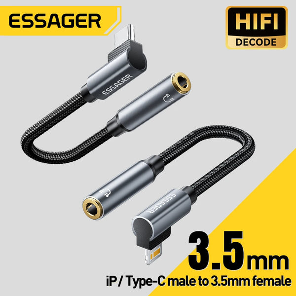 ខ្សែភ្ជាប់អូឌីយ៉ូ Essager រាងអក្សរ L Type-C ទៅ 3.5mm Jack សម្រាប់ iPhone 16 15 Samsung Lighting ទៅ 3.5mm Headphone Adapter សម្រាប់ IPhone14 13