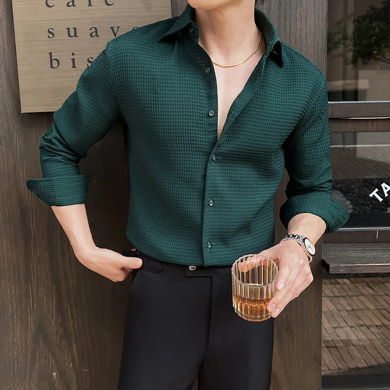 Autumn White Fleece Long Dress Shirt Men's, Fashion Slim Men Shirts,QJ CINGA Brand New Male Top Lace Stitching Decoration Camisa