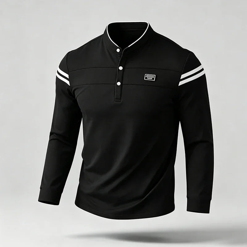 Mens Basic Stand Collar Long Sleeve Polo Top Sleeve Stripes Suitable For Vacation Short Trip And Multiple Leisure Scenes