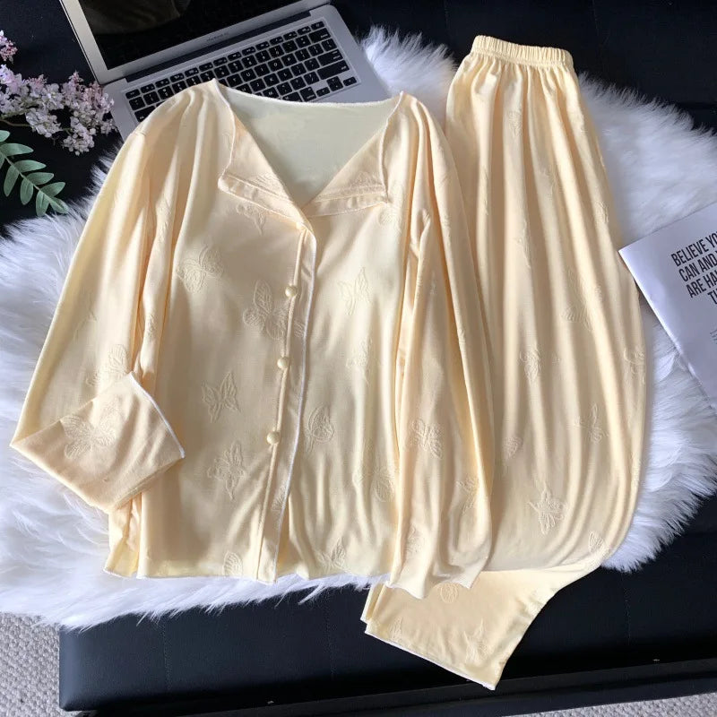 Women's Pajamas Set 2 Piece Chest Pads Sleepwear Casual Loungewear for Spring Autumn Long Sleeve Soft Home Wear Pyjama Femme