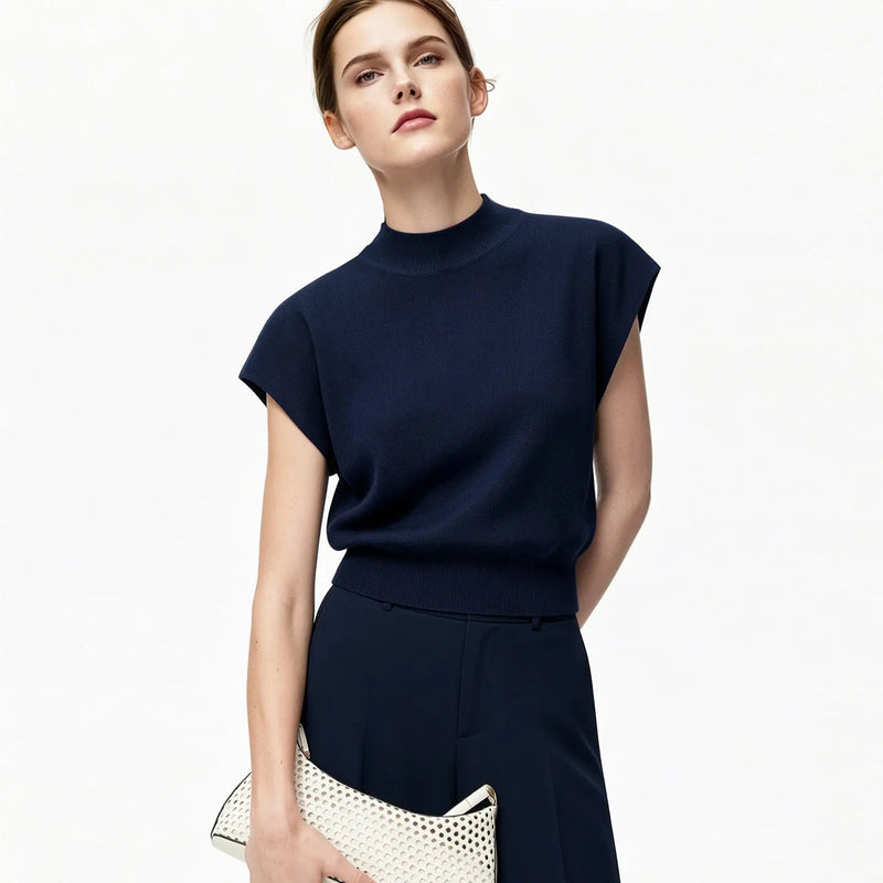 Amii 2026 Summer New Women Mock Neck Knit Pullover Soild Cropped Short Sleeves Top Slim Fit Casual Elegant Sweater 12622210