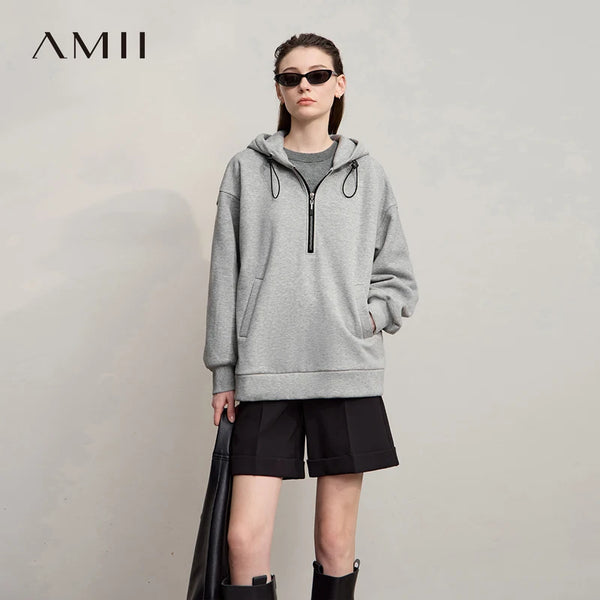 AMII Hoodies Woman 2026 Winter New Casual Hooded Zipper Semi-open Woman Sweatshirts Long Sleeve Loose Cotton Top Female 12544110