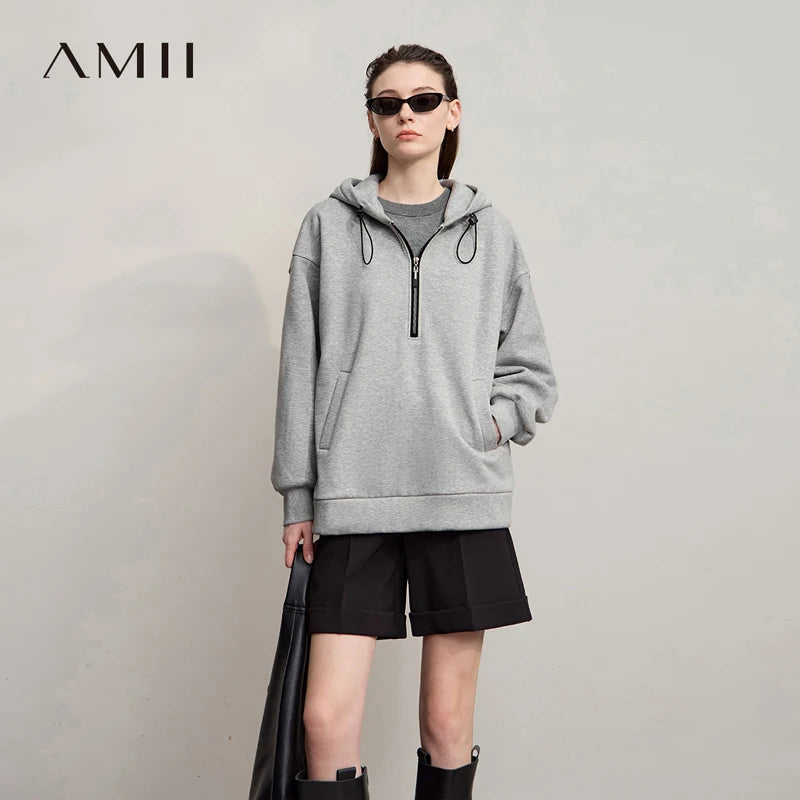 AMII Hoodies Woman 2026 Winter New Casual Hooded Zipper Semi-open Woman Sweatshirts Long Sleeve Loose Cotton Top Female 12544110
