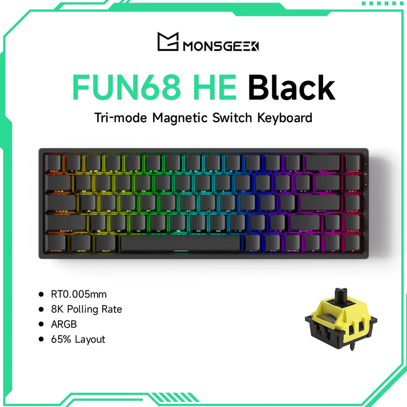 Akko MonsGeek FUN68 HE Magnetic Keyboard 65% Rapid Trigger 0.005mm 8000Hz ARGB USB/Wireless Gaming Custom Keyboard for Gamer