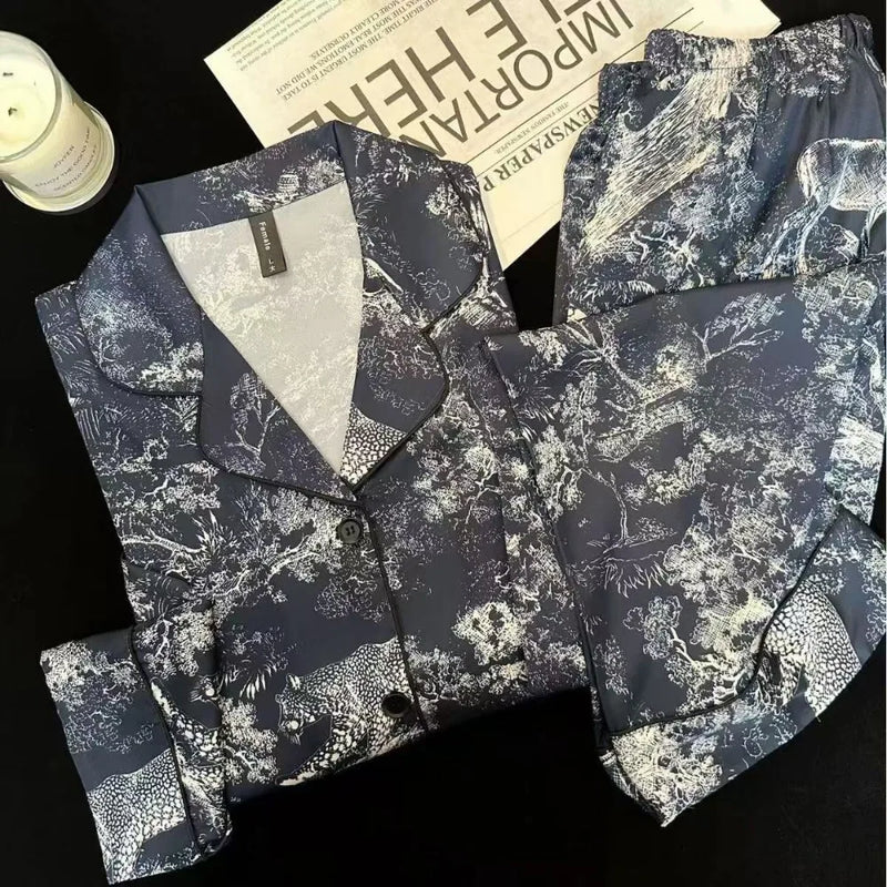 Ice Silk Sleepwear Women's Two-piece Set Night Wear For Ladies Pajamas Spring Autumn Long Sleeve Pyjama Set Woman Home Wear