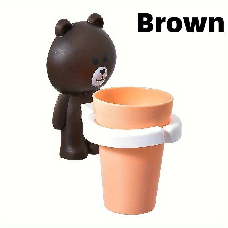 1pc Adorable Bear Wall-Mounted Toothbrush Holder with Gargle Cup,No Drill,Space-Saving,Bathroom Organizer.Tooth cup holder.