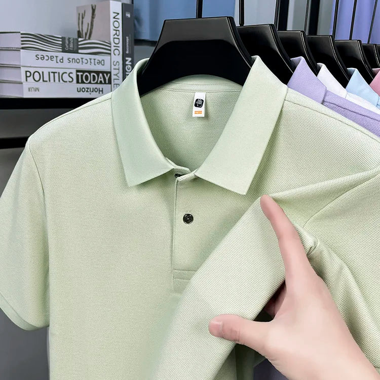 Men 100% Mercerized Cotton Polo Shirt Solid Short Sleeve Casual Business Tops Odor Resistant Premium 205g Summer