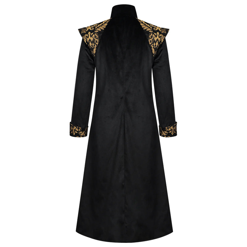 Steampunk-style Men's Black Long Jacket, Halloween-themed Red Trench Coat, with Gold Embroidery Accents.