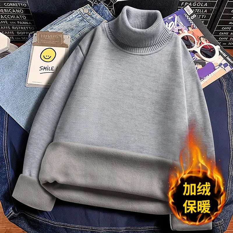 Winter Thermal Base Layer Men High Collar Knitted Pullover Full Fleece Lined Soft Long Sleeve Daily Commute Sweater