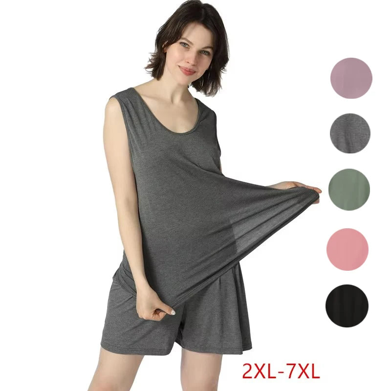 Women's Pajamas Set Casual Pant + Vest Loose 2 Pieces Large Size Elastic Cotton Comfortable Home Suit Summer Pyjama Femme 7XL